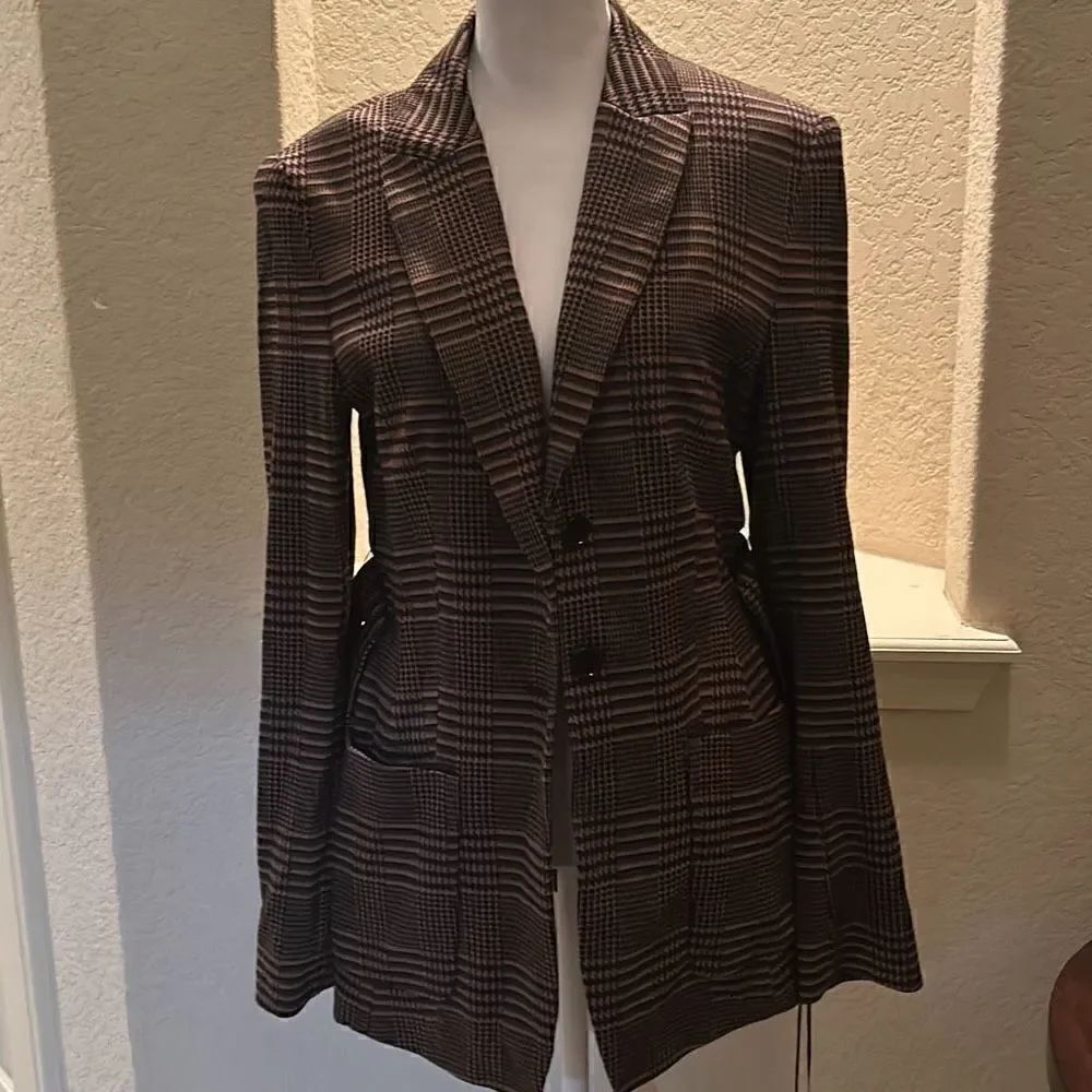 Marc Cain Women's Size N3 Belted Peacoat Black Brown Herringbone Plaid New